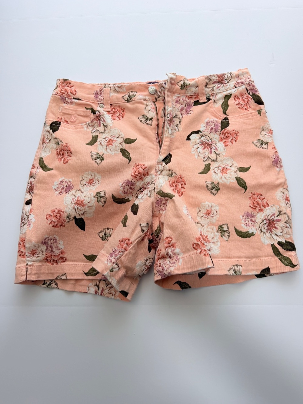 Gloria Vanderbilt Amanda Floral Denim Shorts Women’s Size 10 Peach Stretch